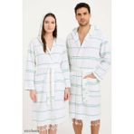 Mira Home Kapşonlu Unisex Beyaz Çizgili Banyo Deniz Plaj Peştemal Bornozu Pamuklu - XL - Yeşil