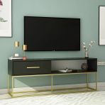 Mira Tv Sehpası 160 Cm – Kapaklı Ve Raflı, Gold Ayak, Modern Tasarım Siyah/Gold