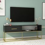 Mira Tv Ünitesi 160 cm – Kapaklı ve Raflı, Gold Ayak, Modern Tasarım - Siyah - Gold - Renk