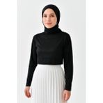 Mirach Siyah Crop T-shirt Kadın | Tesettür Boyunluklu Kolluk Yarım Üst Tunik Bluz Body Modern Tasarım - S - M