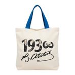MİRAİ 193∞ ve Atatürk Portre Kolajı + İmza Baskılı Krem Kanvas Omuz Çantası/Tote Bag - Mavi Sap - Bireysel ve Kurumsal Siparişe Uygun