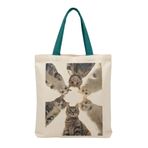 MİRAİ Altı Farklı Kedi (Yuvarlak Komposisyon/Mercekle Yakın Çekim) Özel Baskılı Krem Kanvas Omuz Çantası/Tote Bag - Petrol Yeşili Sap - Bireysel ve Kurumsal Siparişe Uygun