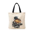 MİRAİ Çift Pozlama (Gitar ve Gün Batımı Ormanı) Temalı Özel Baskılı Krem Kanvas Omuz Çantası/Tote Bag - Siyah Sap - Bireysel ve Kurumsal Siparişe Uygun