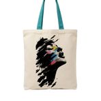 MİRAİ Dışavurumcu Profil Kadın Portresi (Renkli Fırça Vurguları) Özel Baskılı Krem Kanvas Omuz Çantası/Tote Bag - Turkuaz Sap - Bireysel ve Kurumsal Siparişe Uygun