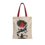 MİRAİ Ejderha, Kırmızı Güneş ve Samuray Silüeti (Sumi-e Esintili) Özel Baskılı Krem Kanvas Omuz Çantası/Tote Bag - Bordo/Kırmızı Sap - Bireysel ve Kurumsal Siparişe Uygun