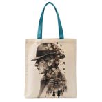 MİRAİ Fedora Şapkalı Silüet ve Japon Mimari/Doğa Kolajı (Çift Pozlama Esintili) Özel Baskılı Krem Kanvas Omuz Çantası/Tote Bag - Turkuaz Sap - Bireysel ve Kurumsal Siparişe Uygun
