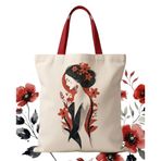 MİRAİ Gelincik/Kırmızı Çiçek ve Kadın Profili (Suluboya Esintili) Özel Baskılı Krem Kanvas Omuz Çantası/Tote Bag - Kırmızı Sap - Bireysel ve Kurumsal Siparişe Uygun