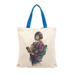 MİRAİ Japon Esintili Anime Tarzı Kimono ve Kitap Motifli Özel Baskılı Kanvas Bez Çanta (Mavi Saplı) - Bireysel ve Kurumsal Siparişe Uygun