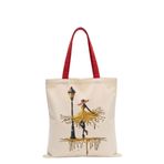 MİRAİ Kadın Silüeti (Kırmızı Şapka, Damlama Boya Etkili Sarı Elbise, Sokak Lambası) Özel Baskılı Krem Kanvas Omuz Çantası/Tote Bag - Kırmızı Sap - Bireysel ve Kurumsal Siparişe Uygun