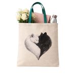 MİRAİ Kalp Formlu Siyah-Beyaz İkili Kedi (Yumuşak Eskiz) Özel Baskılı Krem Kanvas Omuz Çantası/Tote Bag - Koyu Yeşil Sap - Bireysel ve Kurumsal Siparişe Uygun