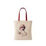 MİRAİ Minimal Çizgi Sanatı Kadın Portresi (Kırmızı Dudak ve Çiçek Detaylı) Özel Baskılı Krem Kanvas Omuz Çantası/Tote Bag - Kırmızı Sap - Bireysel ve Kurumsal Siparişe Uygun