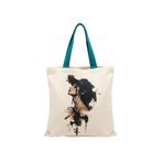 MİRAİ Suluboya ve Mürekkep Sıçrama Tarzı Kadın Portresi (Geniş Kenarlı Şapka) Özel Baskılı Krem Kanvas Omuz Çantası/Tote Bag - Petrol Yeşili/Turkuaz Sap - Bireysel ve Kurumsal Siparişe Uygun