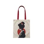MİRAİ Ukiyo-e Esintili Kimono ve Topuz (Kiraz Çiçeği Detaylı) Kadın Profili Özel Baskılı Krem Kanvas Omuz Çantası/Tote Bag - Kırmızı Sap - Bireysel ve Kurumsal Siparişe Uygun