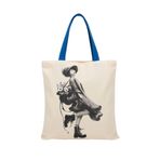 MİRAİ Vintage Kadın Figürlü Kanvas Tote Çanta, Bej, Mavi Saplı, Moda İllüstrasyonu (Şapka, Çiçek Buketi, Dinamik Poz) Özel Baskılı Kanvas Omuz Çantası/Tote Bag - Bireysel ve Kurumsal Siparişe Uygun