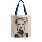 MİRAİ Vintage/Gotik Esintili Kadın Portresi (Çiçekli Topuz ve Dantel Detay) Özel Baskılı Krem Kanvas Omuz Çantası/Tote Bag - Mavi Sap - Bireysel ve Kurumsal Siparişe Uygun