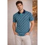 MiraLive Erkek Pike Kumaş Polo Yaka Palmiye Desenli Tişört Kısa Kol Yazlık T-Shirt - Turkuaz