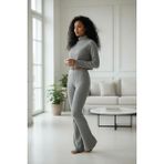 MiraLive Kadın Gri Fitilli Boğazlı Crop Üst Ispanyol Paça Pantolon Eşofman Takımı Esnek 2’li Set - S - M