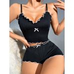 MiraLive Kadın Siyah Fitilli Askılı Şortlu Pijama Takım 6659 - S - M