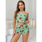 MiraLive Kadın Yeşil Çilek Desenli Şortlu Pijama Takımı Sevimli Rahat 2’li Set