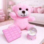 MiraLive Pembe Peluş Ayıcık, Kar Küresi ve Pembe Çikolata Not Defteri Hediye Seti - Renkli - standart