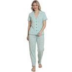 Mirano 1712 Minik Kalp Desenli Pointel İnce Kumaş Düğmeli Kısa Kollu Kadın Pijama Takımı, Yeşil, L