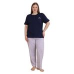 Mirano 4514 Çiçekli Kısa Kollu Pamuklu Penye Büyük Beden Kadın Pijama Takımı, Lacivert, 2XL