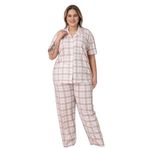 Mirano 4951 Kısa Kollu Süprem Kumaş Kareli Büyük Beden Düğmeli Kadın Pijama Takımı, Beyaz, 2XL