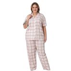 Mirano 4951 Kısa Kollu Süprem Kumaş Kareli Büyük Beden Düğmeli Kadın Pijama Takımı, Beyaz, 3XL