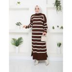 Miraydin Butik Kadın Tesettür Balıkçı Yaka Çizgili Triko Elbise Kahverengi - Standart