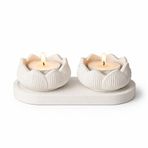 Mireva Beyaz Lotus Mumluk Seti – Taş Tozu El Yapımı Tealight Mumluk ve Dekoratif Tepsi