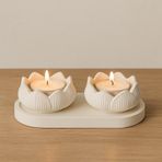 Mireva Beyaz Lotus Mumluk Seti – Taş Tozu El Yapımı Tealight Mumluk ve Dekoratif Tepsi