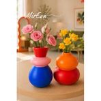 MİREVA Maksimalist İkili Vazo Seti, Modern Stil, El Yapımı Taş Tozu, Renkli Kıvrımlı Dekoratif Obje, 12cm & 9cm, Mavi Pembe Kırmızı Turuncu