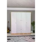 Mirobi Hedamis 4 Kapaklı Gardrop 2 Çekmeceli 10 Raflı Geniş Dekoratif Gardırop Çam-Beyaz MRB-HED-10RF-2ÇKM-GRDP