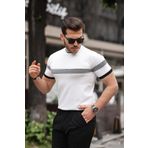 Miron Beyaz Sıfır Yaka Çizgili Triko Tişört- 2418