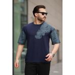 Miron Lacivert Kol Baskı Detaylı Sıfır Yaka Oversize Kısa Kollu Tişört -2506 - XL