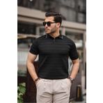 Miron Siyah Kabartma Çizgi Polo Yaka Triko Tişört- 2403