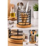 Mis Kitchen Bambu Tabanlı Metal Halkalı Kaşıklık Çatal Kaşık Standı Mutfak Tezgah Organizeri - 1 Adet