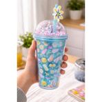 Mis Kitchen Unicorn Figürlü Pipetli Çocuk Bardak Şeker Desenli Suluk Kapaklı Renkli Bardak - Mavi