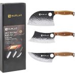 Misda Store Bıçak Seti – 3’lü Et ve Mutfak Bıçağı: Sırp Şef Bıçak, Satır Bıçağı, Viking Bıçak – Ergonomik Ahşap Saplı, El Dövmesi Desenli, Paslanmaz Çelik