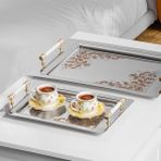 Misda Store Yüzük 2li Paslanmaz Çelik Gümüş Kahve Tepsisi Gold Beyaz Desenli Dekoratif Servis Sunum Tepsisi