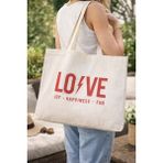 Miskoza Love Baskılı Ham Bez Kanvas Çanta – Uzun Askılı Omuz Çantası, Günlük ve Alışveriş Kullanımı - 50X40 - Bej
