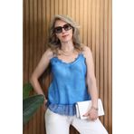 MİSLİNA BUTİK İthal İnce Askılı Dantelli Saks Mavi Bluz
