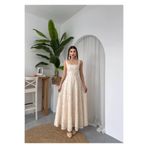 Miss Beyoğlu Cinderella İngiliz Bej Kumaş Pembe Çiçek İşlemeli Askılı Uzun Elbise