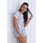 Miss Lusi 9333335 Süprem Desenli Katkat Fırfırlı Kısa Kol Bluz - İndigo