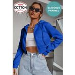 MİSS M.A.T FASHİON Kadın Saks Mavi Crop Fitted Kapşonlu Zip Fermuarlı Polar Hırka Sweatshirt