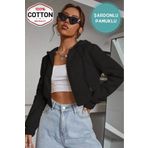 MİSS M.A.T FASHİON Kadın Siyah Crop Fitted Kapşonlu Zip Fermuarlı Polar Hırka Sweatshirt