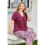 Miss Meryem Bordo Üstü Ring Viskon Altı Dokuma Tığ Örgü Yaka Detaylı Kısa Kol Büyük Beden Pijama Takım