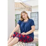 Miss Meryem Lacivert Ring Viskon Dantel Detaylı Kısa Kol Büyük Beden Kapri Pijama Takım