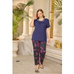 Miss Meryem Lacivert Ring Viskon Dantel Detaylı Kısa Kol Büyük Beden Pijama Takım