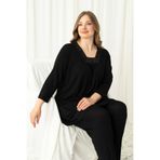Miss Meryem Siyah Dantel Detaylı Ring Viskon Büyük Beden Üç Çeyrek Kol Tunik Pijama Takım